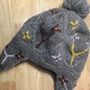 Gray Knitted Hat with Colorful Embroidery